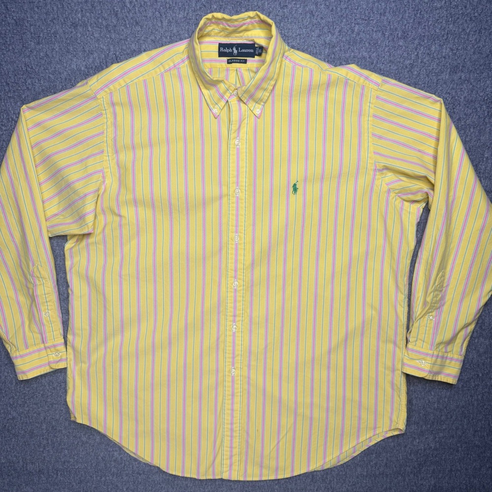 VNTG Ralph Lauren Mens XL Classic Fit Striped Button Down Shirt Yellow Pink Read